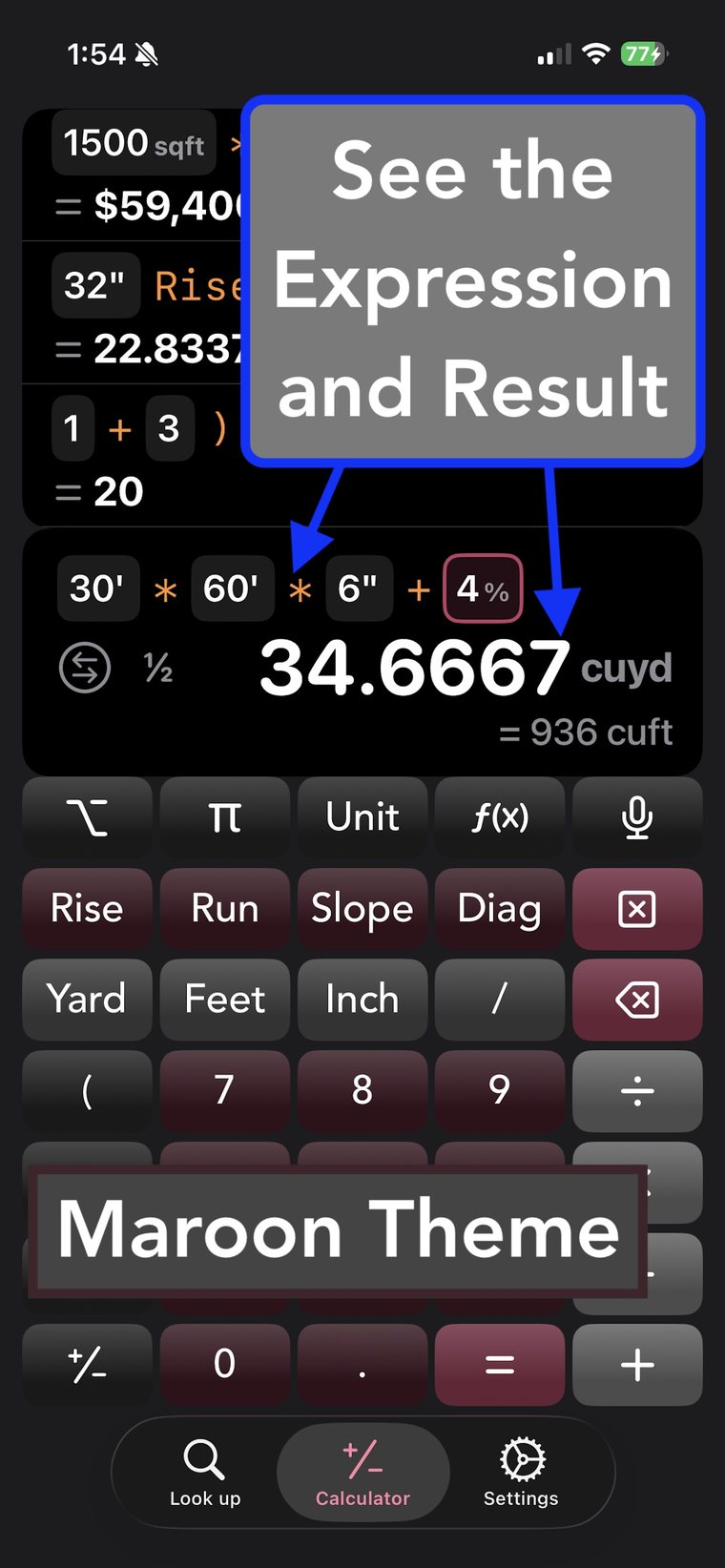 The SteelSolve calculator showing a full expression with the running result in cubic yards