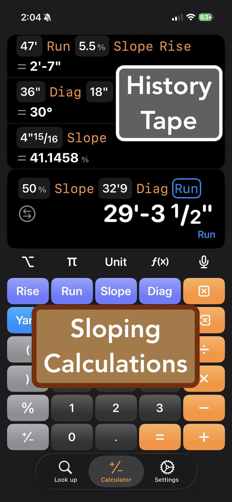 The history tape with sloping calculations and a running result in feet and inches