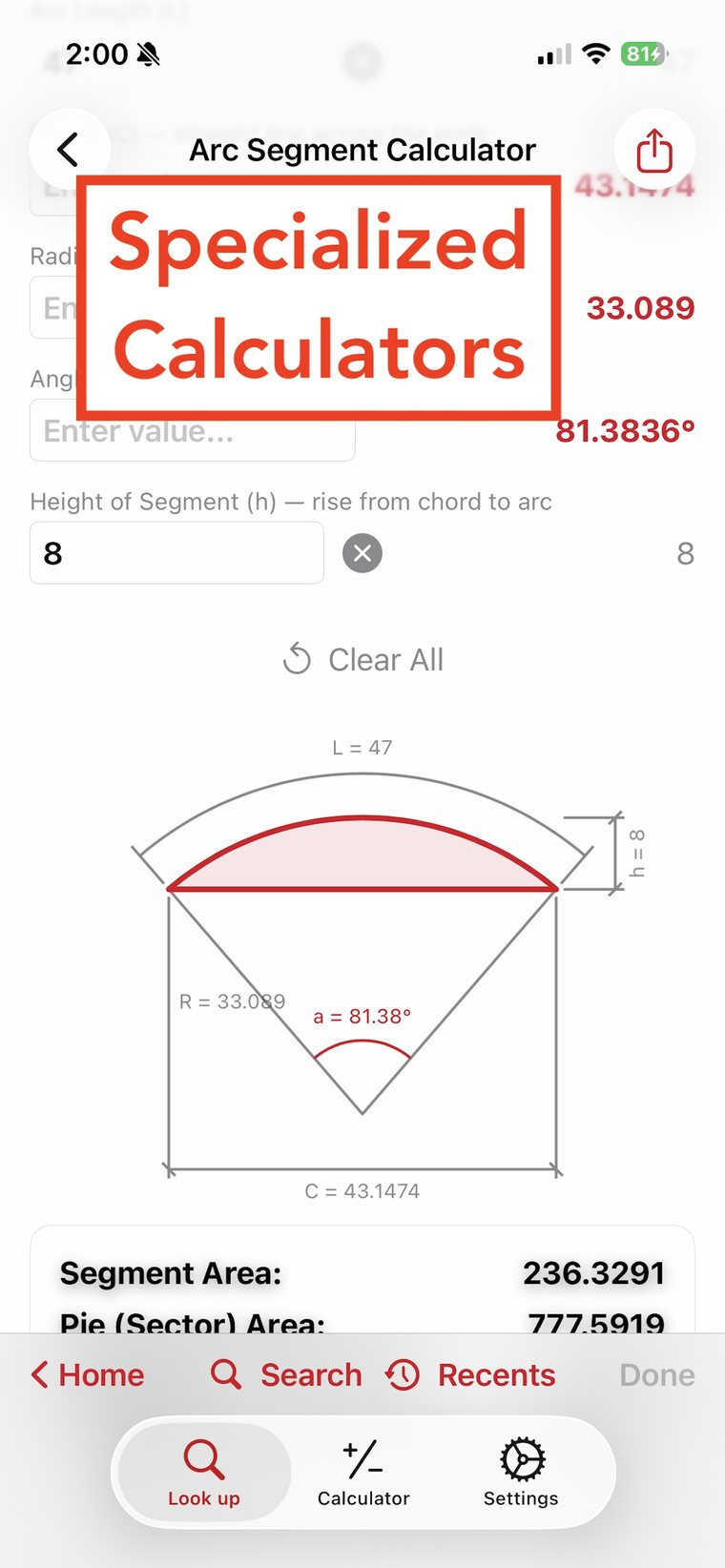 Arc Segment Calculator with a scaled drawing and computed areas