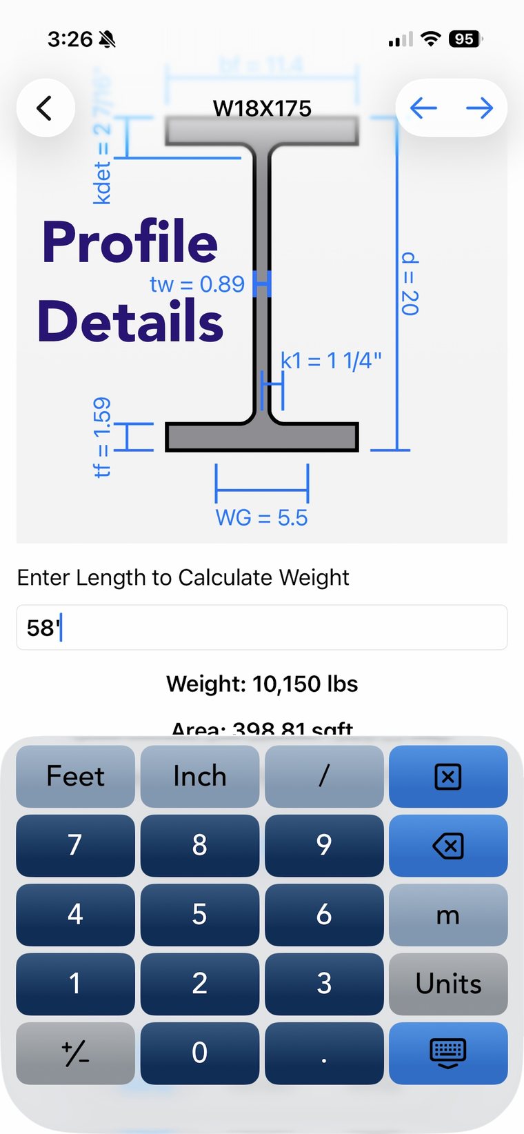 W18×175 profile page with dimensions and a weight calculated from a length