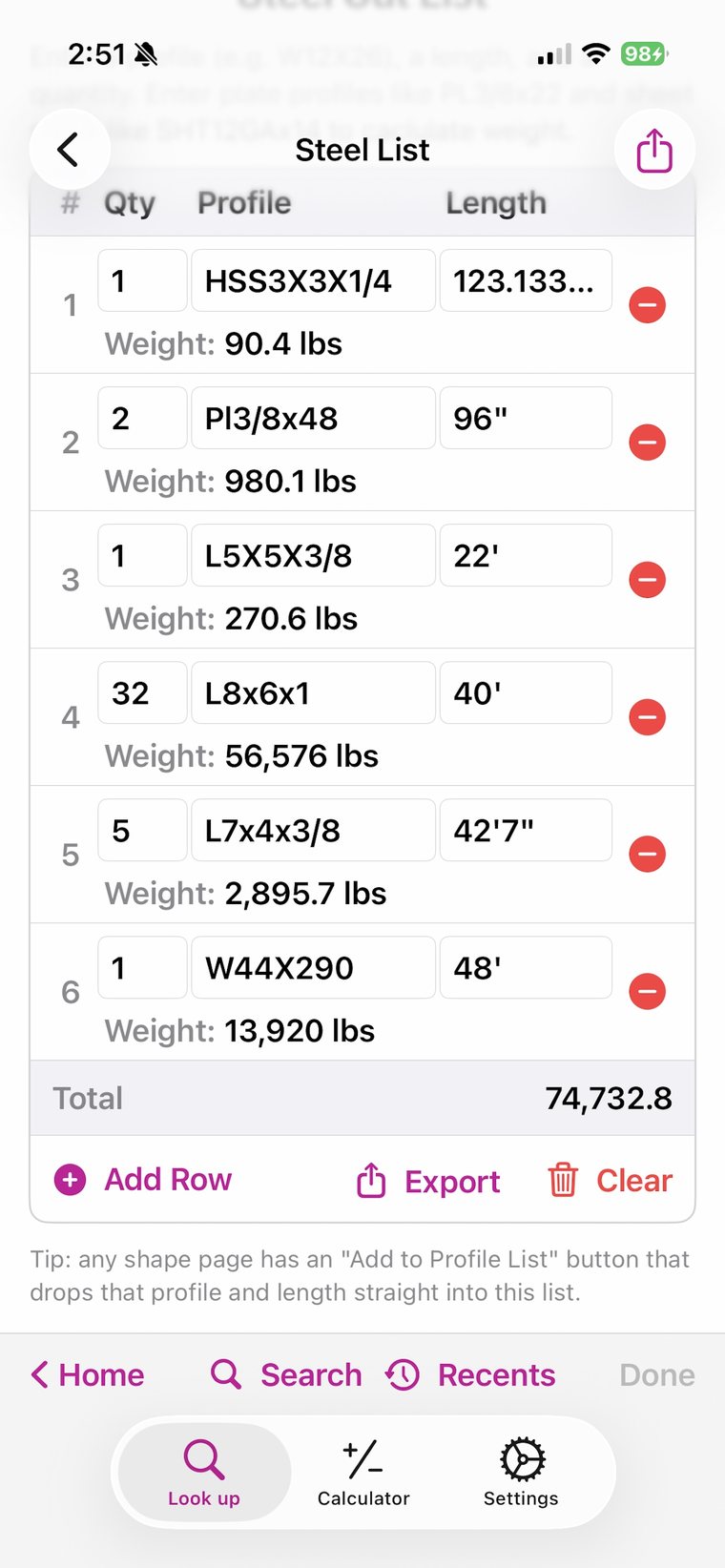 A steel cut list with quantities, profiles, lengths and a running total weight
