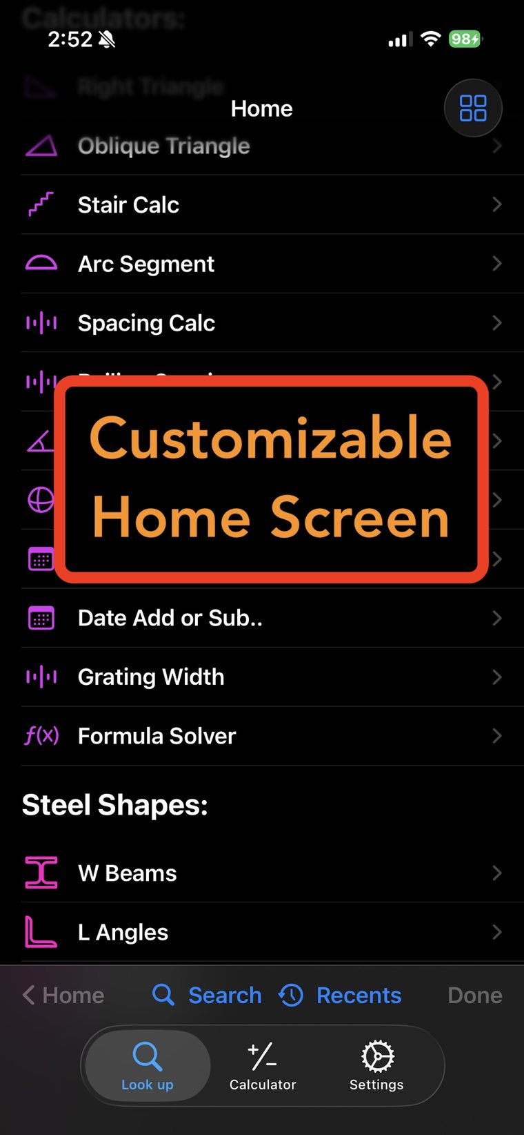 Customizable Home screen listing shapes and calculators
