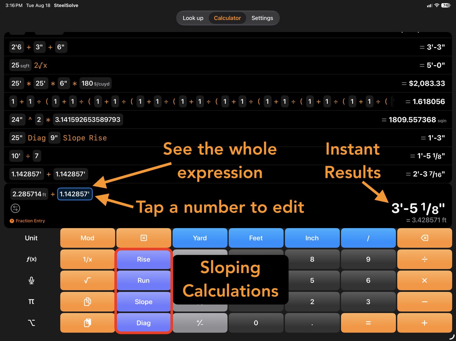 Tablet calculator with a long expression and instant results