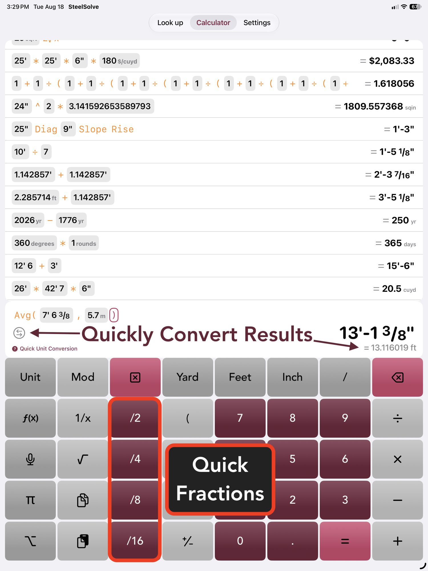Quick fractions and unit conversion on a tablet in portrait