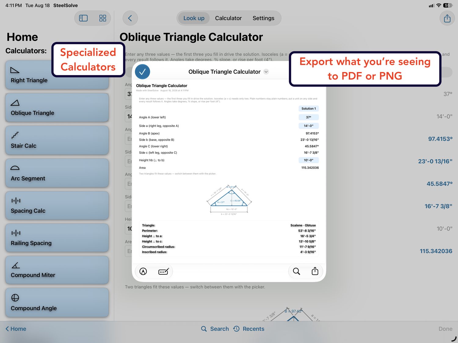 Oblique Triangle Calculator open in split view, ready to export