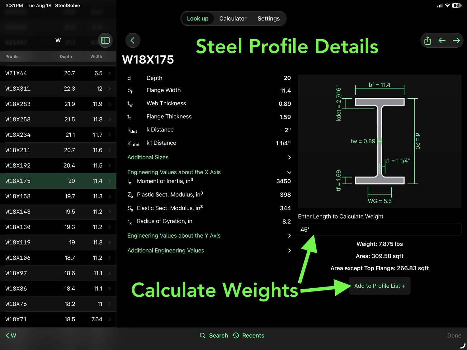 W18×175 profile with full engineering values