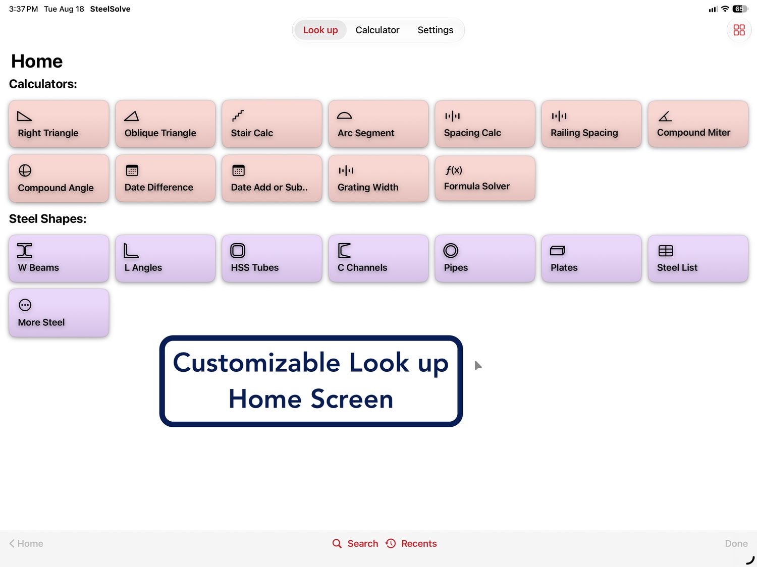 Customizable Look up home screen on a tablet