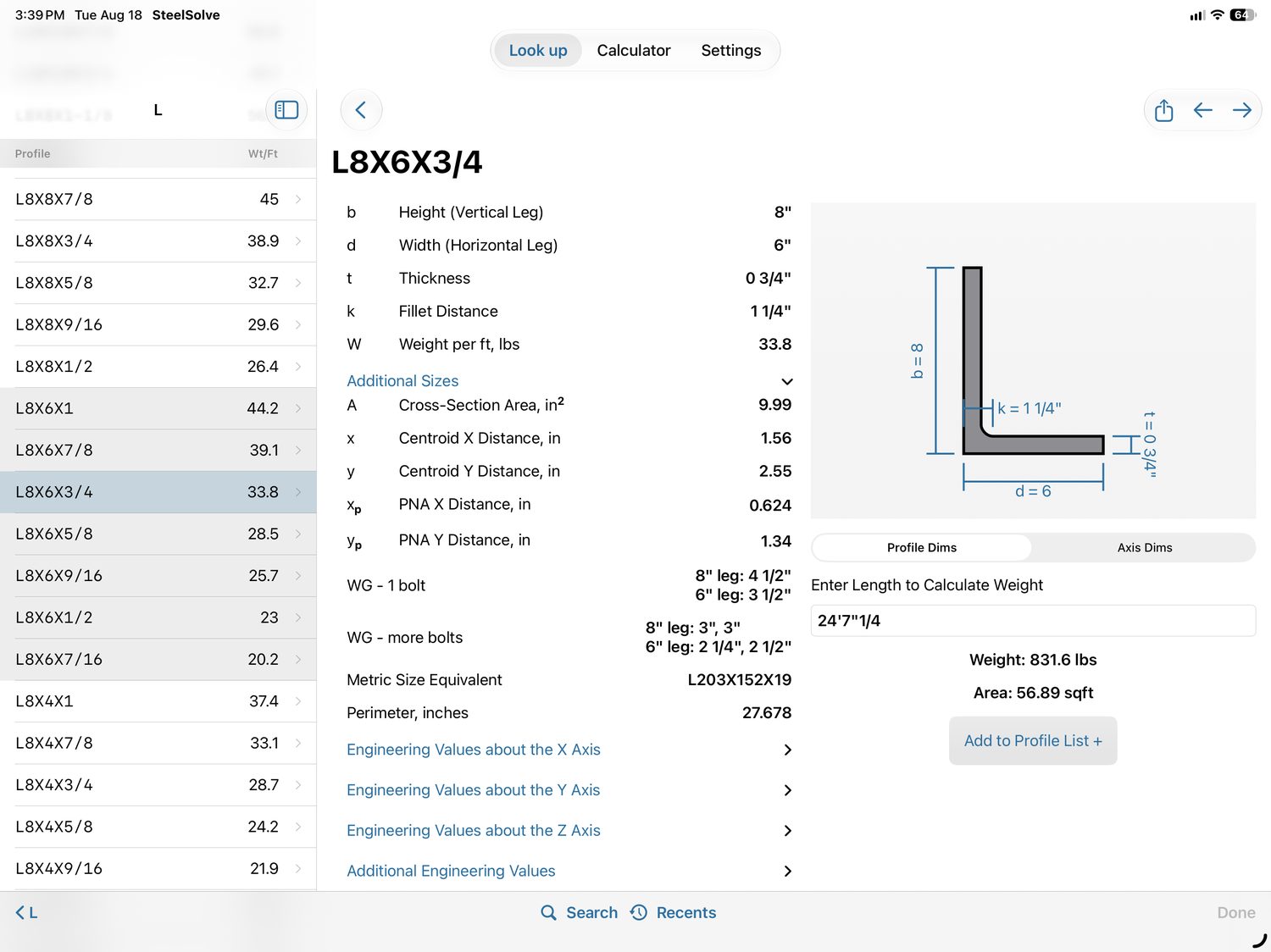 Two-pane Look up on a tablet showing the angle family list beside the L8×6×3/4 profile